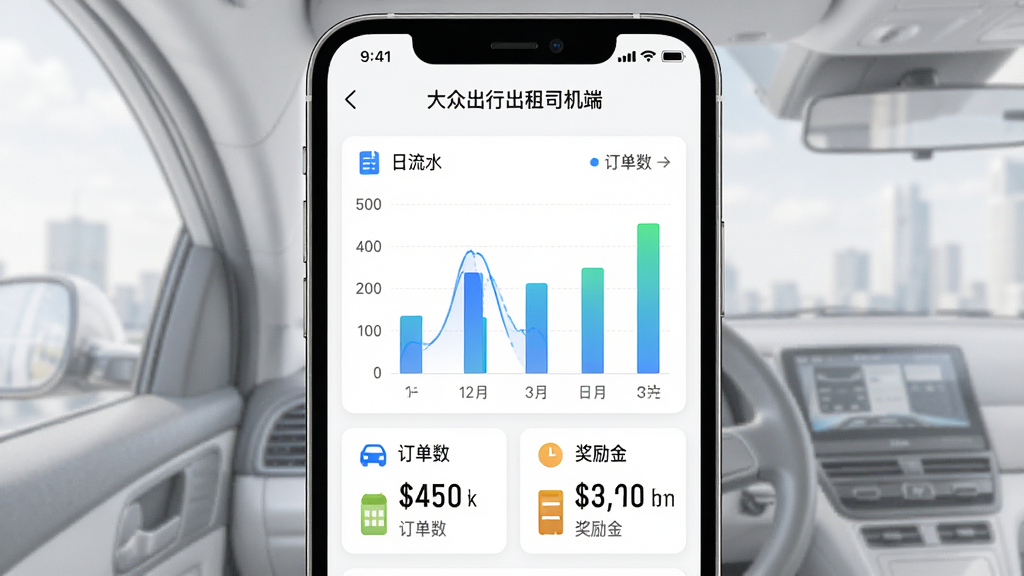 一张由AI生成的“大众出行出租司机端”数据统计界面图,主体为手机屏幕显示柱状图与流水数字,布局为手机居中,排版左右对称,风格为简约商务白,细节包含日流水、订单数、奖励金等图标,画质高清,干净,无多余元素