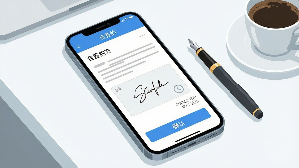 一张展示手机屏幕中电子合同签署界面的图片,画面主体为一部现代智能手机,屏幕显示“云签约”APP的合同签署页面,页面中有签名区域和确认按钮。手机放置在一张简洁的办公桌面上,旁边有一支钢笔和一杯咖啡。整体采用明亮清新的商务插画风格,细节包括合同文本线条、手写签名轨迹、时间戳图标。画质清晰,背景干净,无多余元素,突出软件界面与签约主题。
