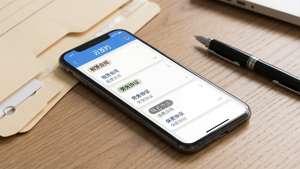 一张展示“云签约”APP合同模板列表界面的图片,手机屏幕中整齐排列着多张合同卡片,卡片上有“租赁合同”“劳务协议”“保密协议”等分类标签。手机平放在木质桌面上,旁边有文件夹和签字笔。风格为写实产品展示,光线柔和,画质清晰,背景干净。