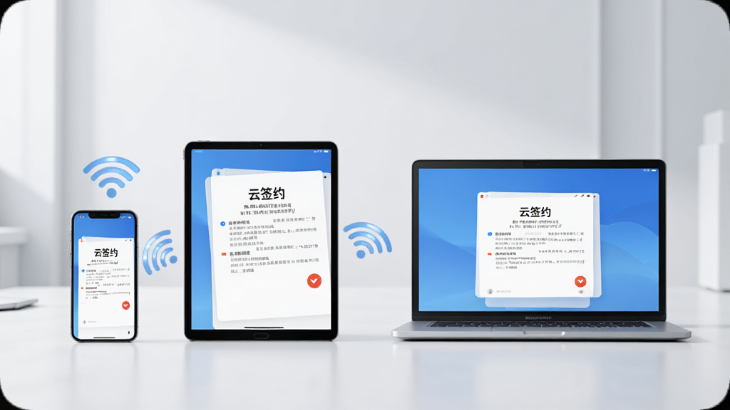 一张展示多设备同步的图片,画面中有手机、平板和笔记本电脑三台设备,屏幕均显示“云签约”的合同状态页面,设备之间用无线信号图标连接。背景为简洁的浅灰色工作室环境,风格干净明亮,画质清晰,无多余元素。