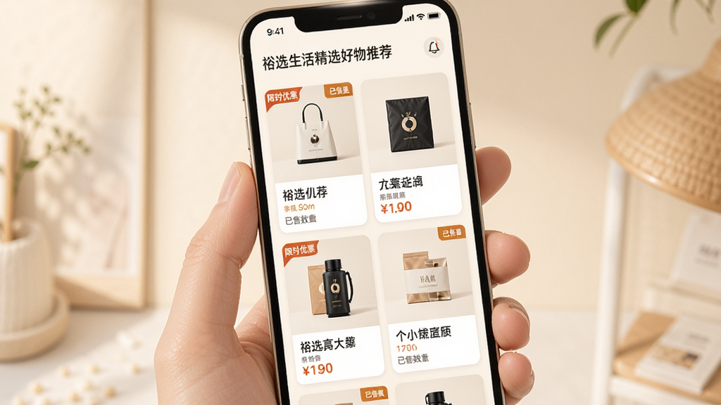裕选生活精选好物推荐页面,画面主体为手机屏幕中展示多张商品卡片,每张卡片包含商品图片、名称与价格标签,背景为暖白色调,布局采用上下滑动式信息流排版,风格清新简约,细节包括限时优惠角标与已售数量提示,画质高清干净,无多余装饰元素