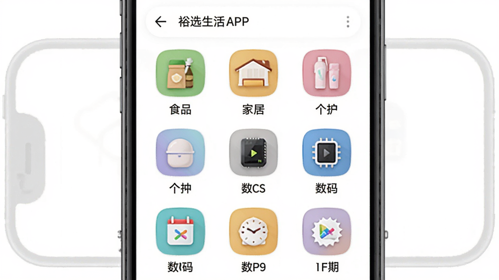 裕选生活APP分类导航界面,画面中央为手机屏幕展示多个商品分类图标,包含食品、家居、个护、数码等标签,背景为纯白底色,布局采用网格状排列,风格简洁明快,细节包括彩色图标与文字标签,画质清晰干净,无多余元素