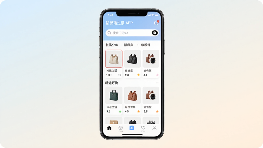 裕选生活APP首页界面展示,画面中央是一部智能手机,屏幕内呈现整洁的商品分类导航与精选好物推荐卡片,背景为柔和浅色渐变,主体突出手机与界面,布局采用居中构图,排版简洁有序,风格为现代扁平化UI展示风,细节包括商品缩略图、搜索框、底部导航栏图标,画质清晰干净,无多余元素