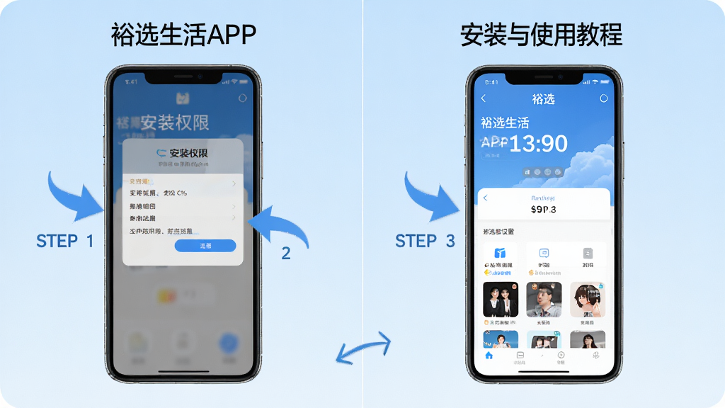 裕选生活APP安装与使用教程示意图,画面主体为手机屏幕展示安装权限设置界面与APP主页面并排对比,背景为浅蓝色渐变,布局采用左右分栏排版,风格为教程说明风,细节包括箭头指示与步骤编号,画质清晰干净,无多余元素