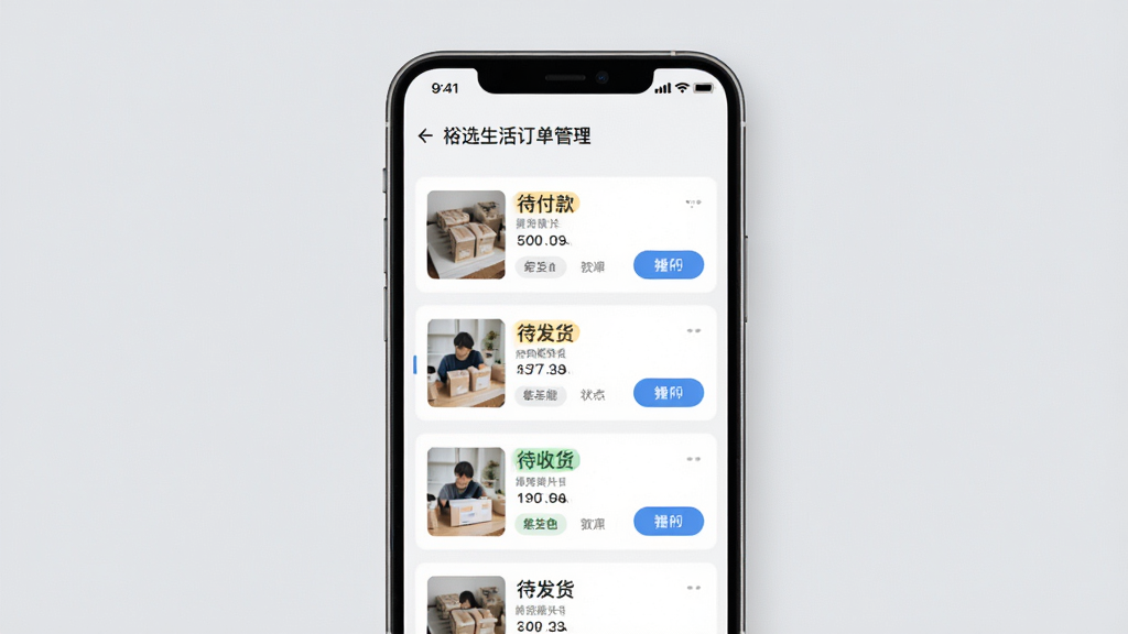 裕选生活订单管理页面,画面主体为手机屏幕内展示订单列表与状态标签,包含待付款、待发货、待收货等状态标识,背景为浅灰色调,布局采用纵向列表排版,风格为实用型界面展示,细节包括订单缩略图与操作按钮,画质清晰干净,无多余元素