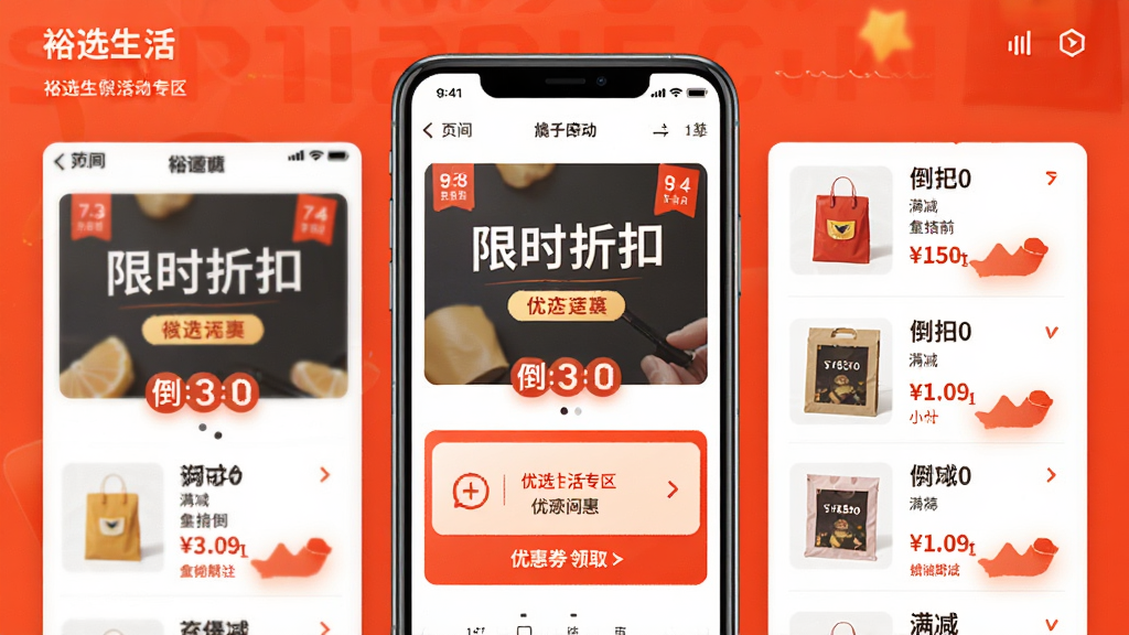 裕选生活优惠活动专区页面,画面中央为手机屏幕展示限时折扣横幅与优惠券领取入口,背景为明亮橙红色调,布局采用焦点图加列表组合排版,风格为促销活动视觉风,细节包括倒计时标签与满减信息,画质清晰干净,无多余元素