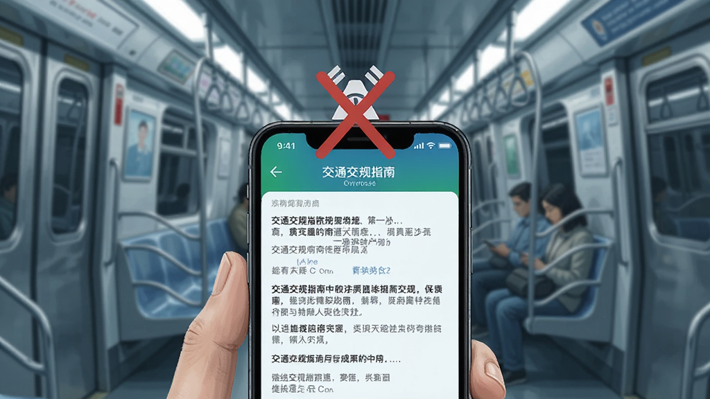 画面展示一部手机在无网络环境下打开交通交规指南通软件,屏幕显示交规内容正常浏览,手机上方有一个断网图标被划掉表示离线可用,背景为地铁车厢或地下车库场景,风格写实插画,色调偏冷,布局简洁,细节清晰,画质高清,无多余元素
