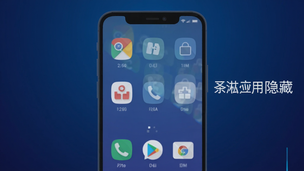 一部安卓手机桌面显示多个应用图标,其中几个图标呈现半透明消失效果,手机屏幕旁边有“凇应用隐藏”字样,画面风格为科技感扁平插画,主体突出手机与消失的图标,布局居中,背景为深蓝色渐变,细节清晰,画质高清,干净无多余元素