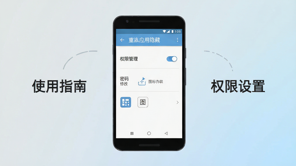 一部安卓手机屏幕显示“凇应用隐藏”设置界面,界面中包含权限管理开关、密码修改入口、图标伪装选项,手机旁边有文字标注“使用指南”和“权限设置”,画面风格为扁平化科技插画,主体突出手机与设置界面,布局居中,背景为浅灰到淡蓝渐变,细节清晰,画质高清,干净无多余元素