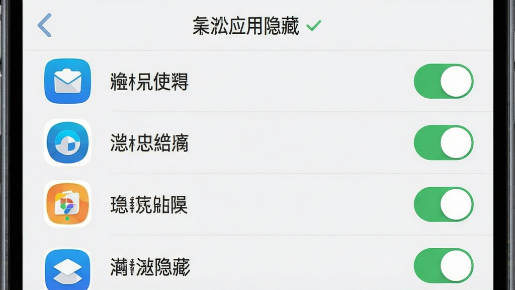 手机屏幕显示应用管理列表界面,列表中有多个应用图标和名称,部分应用右侧有开关按钮处于开启状态,界面顶部写有“凇应用隐藏”,整体风格为清爽浅色扁平化设计,布局为纵向列表,细节清晰,画质高清,干净无多余元素