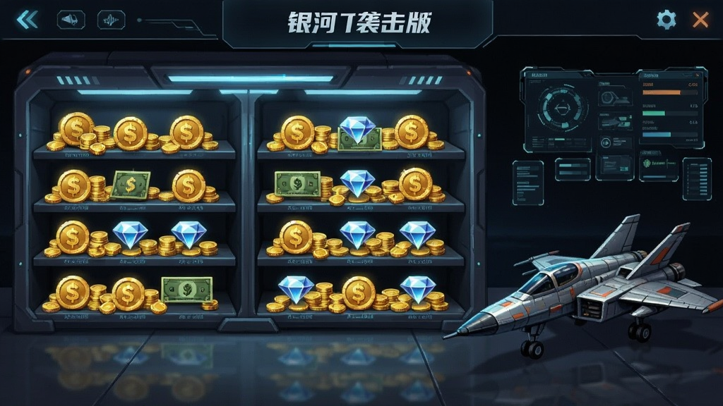 银河袭击(大量货币版)商店界面,货架上摆满金币和钻石图标,发光特效,科幻风格UI,战机停在商店旁,画面整洁,高画质