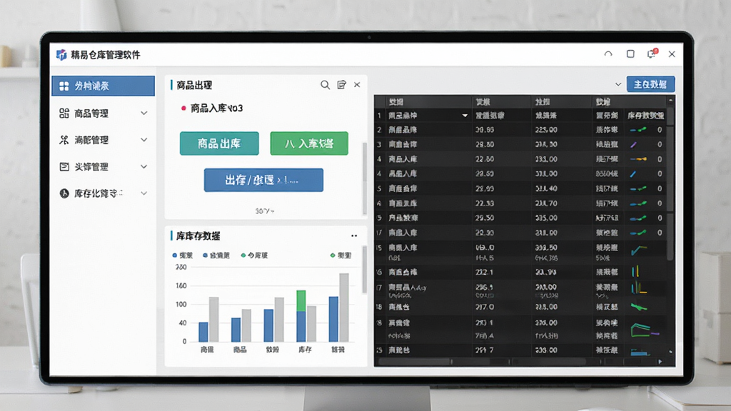 精易仓库管理软件主界面全貌展示,画面中央为软件操作界面,左侧为功能导航栏,右侧为数据表格区域,整体布局清晰,排版整洁,风格为现代简约商务风,细节上展示商品入库出库按钮和库存数据图表,画质高清,干净,无多余元素