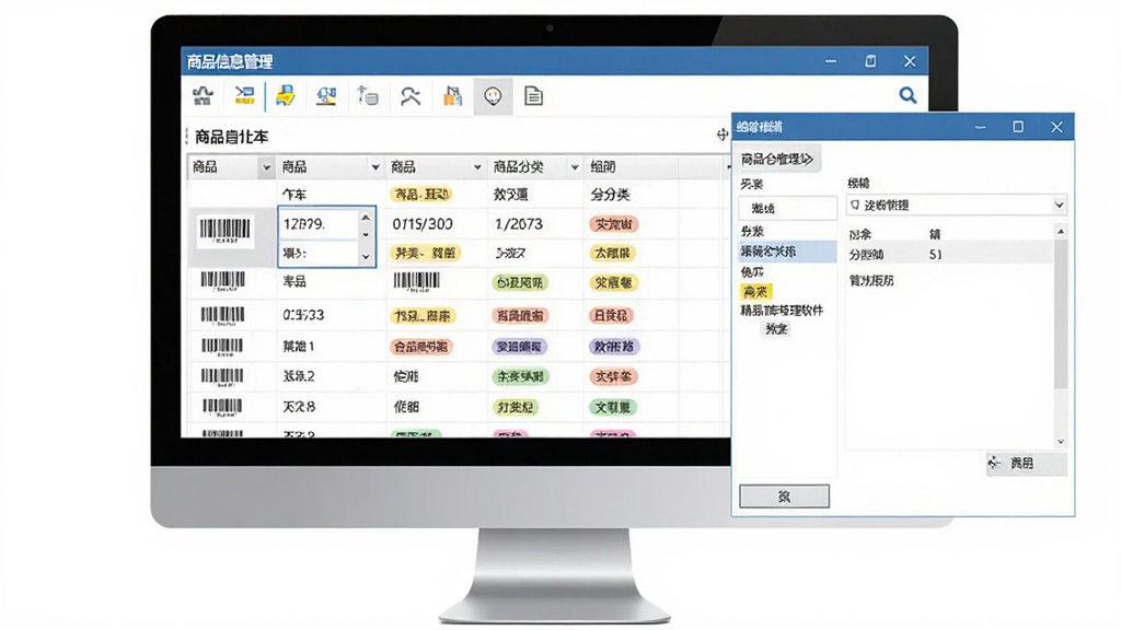 精易仓库管理软件商品信息管理界面,画面展示商品列表与编辑窗口,主体为电脑屏幕中的软件界面,布局为上方工具栏下方表格,排版整齐,风格为简洁商务风,细节上突出商品条码与分类标签,画质清晰,干净,无多余元素