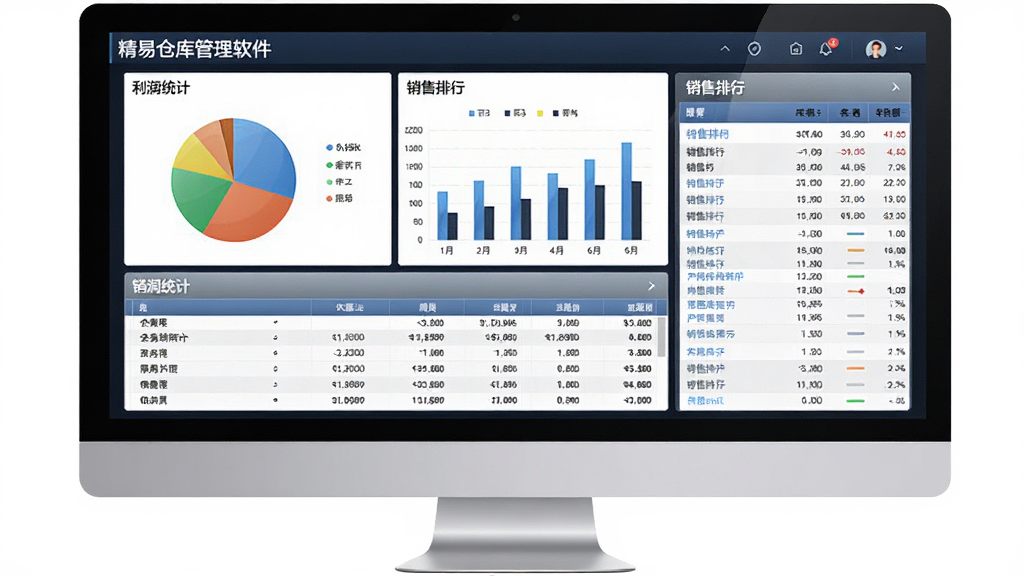 精易仓库管理软件数据统计与报表界面,画面展示多种图表报表,主体为电脑屏幕中的饼图柱状图与数据表格,布局为左侧图表右侧数据,排版规整,风格为现代数据大屏风格,细节上突出利润统计与销售排行,画质高清,干净,无多余元素