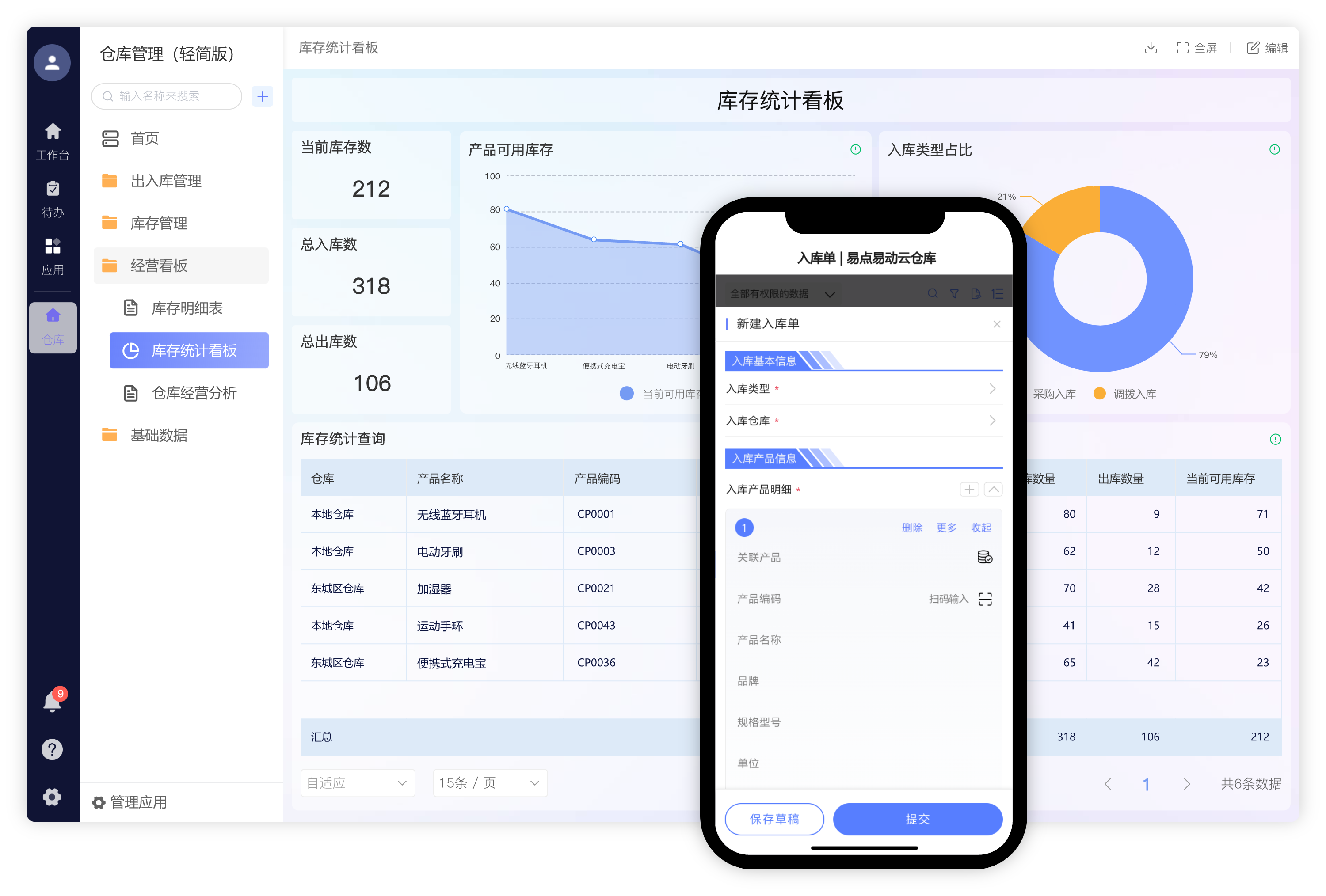 精易仓库管理软件 安卓版 操作界面