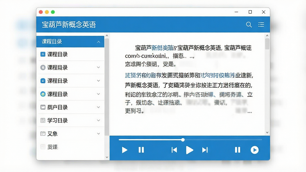 一张展示英语学习软件的界面截图,画面中央是软件主窗口,标题为“宝葫芦新概念英语”,左侧为课程目录列表,右侧为课文内容与播放控制区,整体布局清晰,风格简洁现代,采用蓝白配色,画面干净无多余元素,高清画质