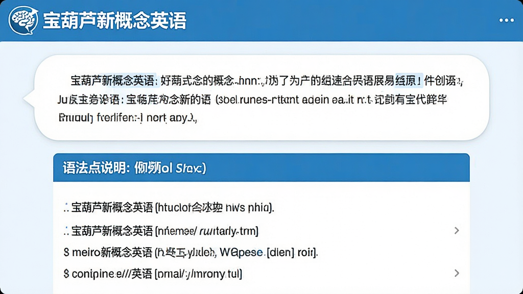 一张英语学习软件语法讲解界面截图,画面中展示“宝葫芦新概念英语”语法解析页面,上方为课文原句,下方为语法点说明和例句,排版清晰,蓝白配色,高清画质,干净无多余元素