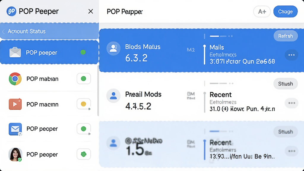 一张展示 POP Peeper 多账户管理界面的图片,画面中有多个邮箱账户图标排列在左侧栏,右侧显示每个账户的未读邮件数和最近邮件列表,界面风格清爽,采用蓝色与白色搭配,布局整齐,细节包括账户状态指示灯和刷新按钮,画质清晰,干净,无多余元素