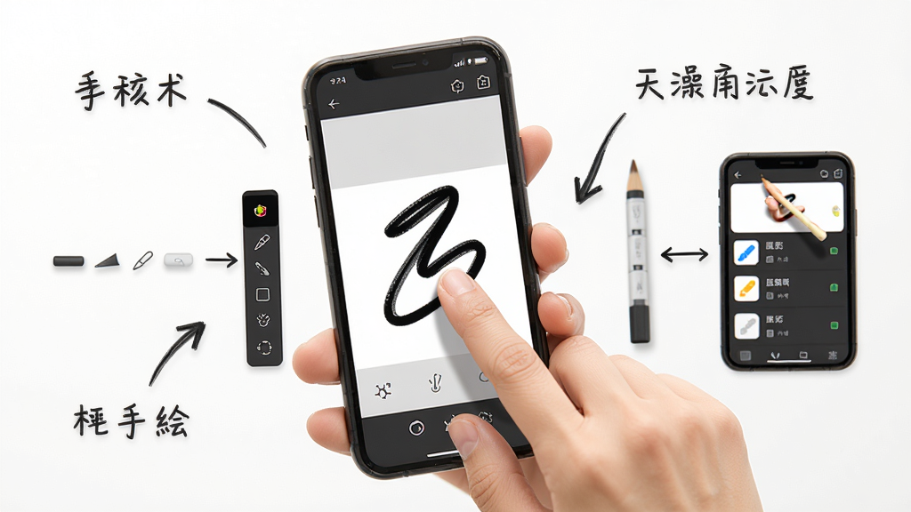 art手绘移动端使用操作示意图,画面展示一只手握着手机,屏幕上显示绘画界面和手指触控绘制的动作,旁边有箭头标注工具栏和图层面板的位置,背景简洁明亮,风格直观易懂,细节清晰,画质干净,无多余元素