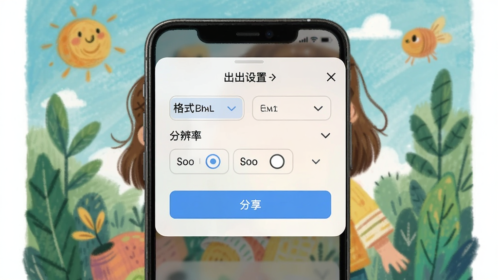 art手绘作品导出分享界面示意图,画面展示手机屏幕上弹出的导出设置窗口,包含格式选择、分辨率选项和分享按钮,背景是已完成的一幅彩色插画作品,整体风格简洁实用,细节清晰,画质干净,无多余元素