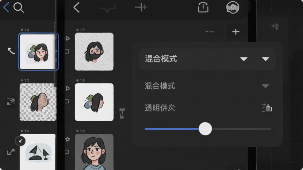 art手绘图层管理功能界面预览图,画面展示手机屏幕上的图层面板,包含多个图层缩略图、混合模式下拉菜单和透明度调节滑杆,背景为深色工作区,界面元素排列整齐,风格现代简约,细节清晰,画质干净,无多余元素