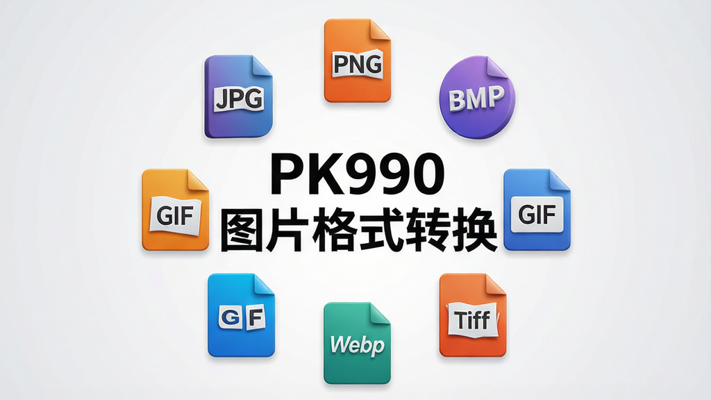 画面中央是一组环绕排列的图片格式图标,包括JPG、PNG、BMP、GIF、WebP、TIFF,中心位置有醒目的“PK990图片格式转换”文字,背景为干净的浅灰渐变,布局呈放射状,风格现代简洁,细节上图标带有轻微立体感,画质清晰,干净,无多余元素