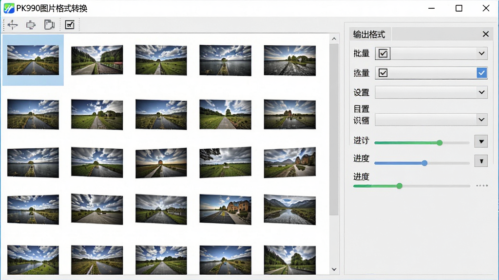 画面展示软件批量转换界面,左侧是整齐排列的多张图片缩略图,右侧是输出格式与目录设置面板,界面顶部有“PK990图片格式转换”字样,布局规整,风格清爽,细节上体现批量勾选与进度显示,画质清晰,干净,无多余元素