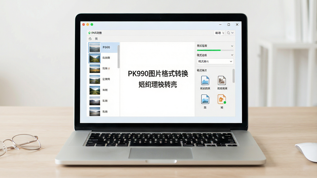 整体画面以浅色办公桌面为背景,主体是一台打开的笔记本电脑,屏幕上显示简洁的图片格式转换软件界面,界面中可见“PK990图片格式转换”文字,左侧为图片列表,右侧为格式选项,画面布局居中对称,风格清新简约,细节上体现转换进度条与格式图标,画质清晰,干净,无多余元素