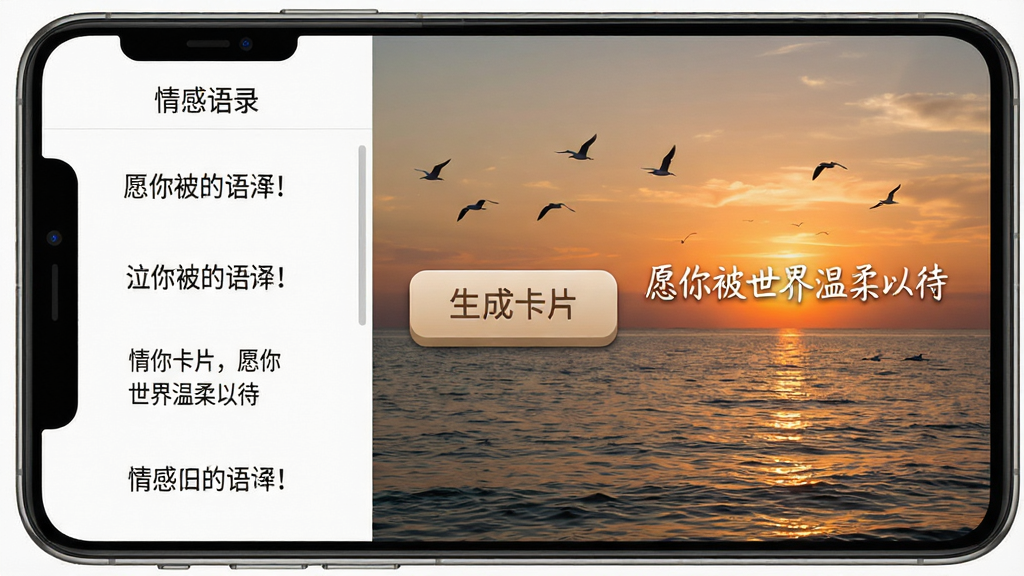 手机屏幕展示“情感语录”的素材搭配界面,左侧为语录文字选择区,右侧为背景图预览区,中间有一个“生成卡片”按钮,背景图展示的是夕阳下的海面与飞鸟,文字为“愿你被世界温柔以待”,整体布局左右分栏,风格唯美,细节上按钮有轻微立体感,文字清晰,画质高清,画面干净,无多余元素