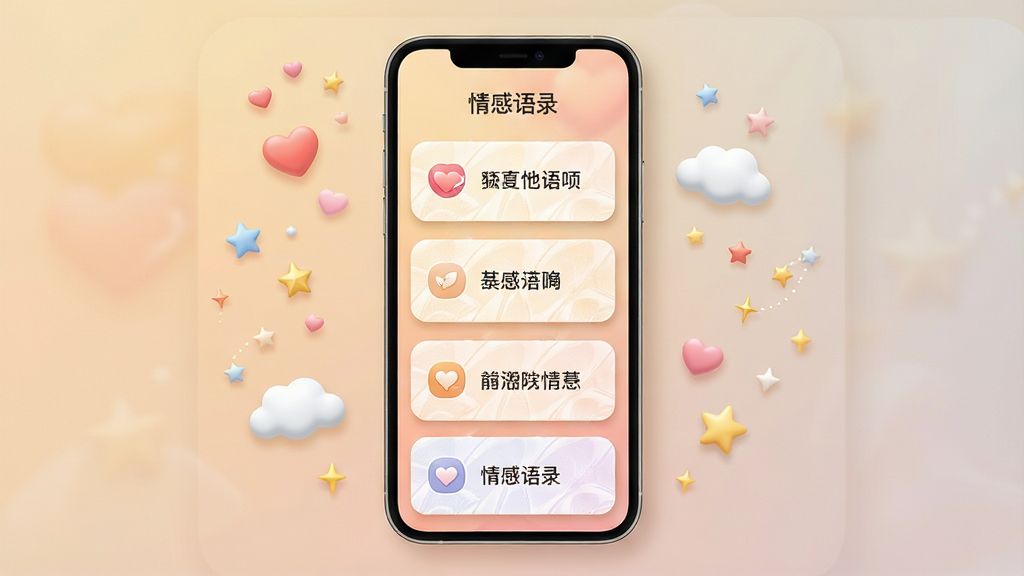手机屏幕中央展示一款名为“情感语录”的应用界面,背景为柔和的暖色调渐变,屏幕中排列着多条情感短句卡片,每张卡片带有精致的小图标和淡雅底纹,周围漂浮着爱心、云朵、星光等装饰元素,整体布局居中对称,风格清新治愈,细节上文字清晰、图标圆润、光影柔和,画质高清,画面干净,无多余元素