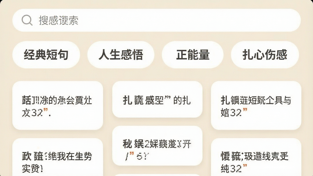 手机应用“情感语录”的分类页面截图风格,画面上半部分为搜索栏与分类标签,标签包括“经典短句”“人生感悟”“正能量”“扎心伤感”等,下半部分为瀑布流式语录卡片展示,背景为浅米色,卡片为圆角白色,文字为深灰色,整体排版整齐,风格简约温暖,画质清晰,画面干净,无多余元素
