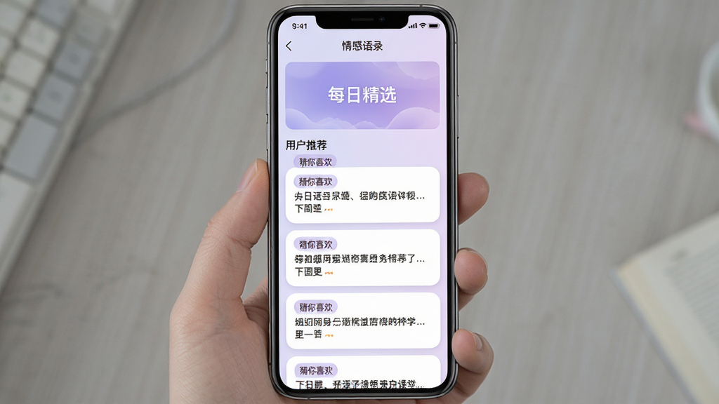手机应用“情感语录”的首页推荐流界面,顶部为“每日精选”横幅,下方为根据用户喜好推荐的语录卡片列表,卡片上带有“猜你喜欢”标签,背景为淡紫色渐变,卡片为白色圆角,文字为深色,整体风格柔和,布局为垂直滚动列表,画质清晰,画面干净,无多余元素