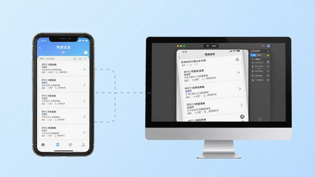 手机与电脑并排展示“情感语录”应用界面,手机屏幕显示语录列表,电脑屏幕显示模拟器中的相同界面,两者之间用虚线连接,背景为浅蓝色渐变,整体布局左右对称,风格科技简约,细节上手机与电脑边框清晰,界面文字可辨,画质高清,画面干净,无多余元素
