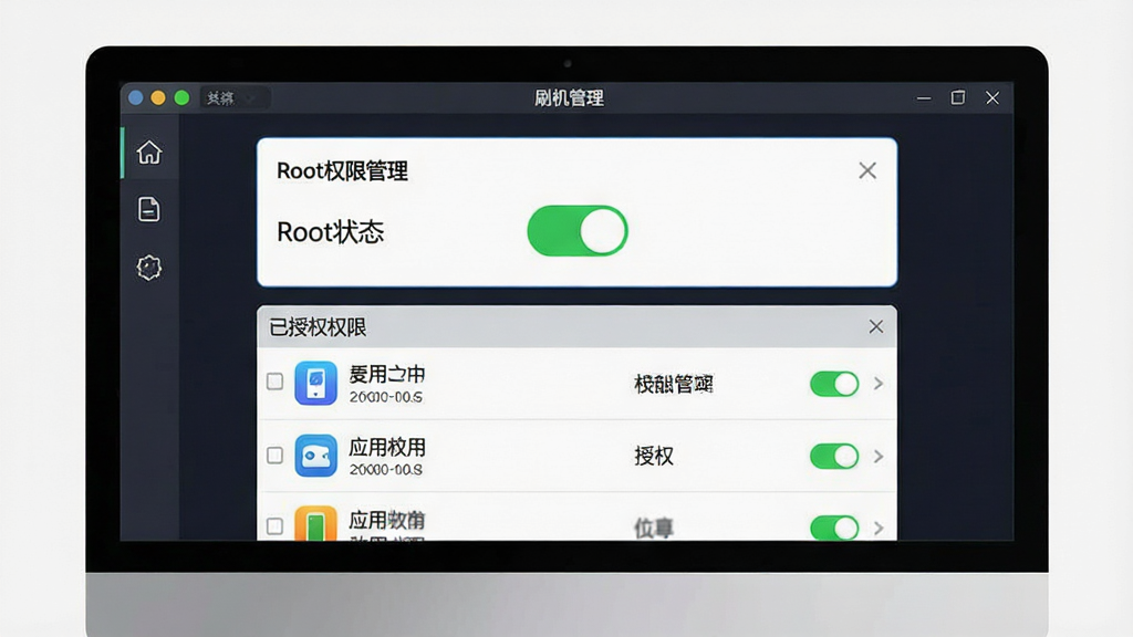 一张展示手机刷机管家Root权限管理功能的图片,主体是电脑屏幕上的手机刷机管家界面,界面中显示“Root权限管理”面板,有开关按钮和已授权应用列表,布局为上下结构,上方是Root状态开关,下方是应用权限列表,排版整洁,风格为现代简约UI,细节包括开关呈绿色开启状态、列表中有图标和权限状态,画质高清,干净,无多余元素