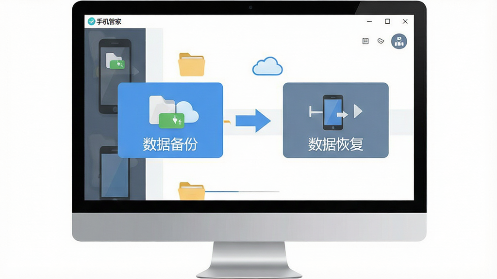 一张展示手机刷机管家数据备份与恢复功能的图片,主体是电脑屏幕上的手机刷机管家界面,界面中显示“数据备份”和“数据恢复”两个大按钮,中间有箭头连接,布局为左右对称,排版直观,风格为扁平化设计,细节包括备份文件图标、云朵图标和手机图标,画质高清,干净,无多余元素