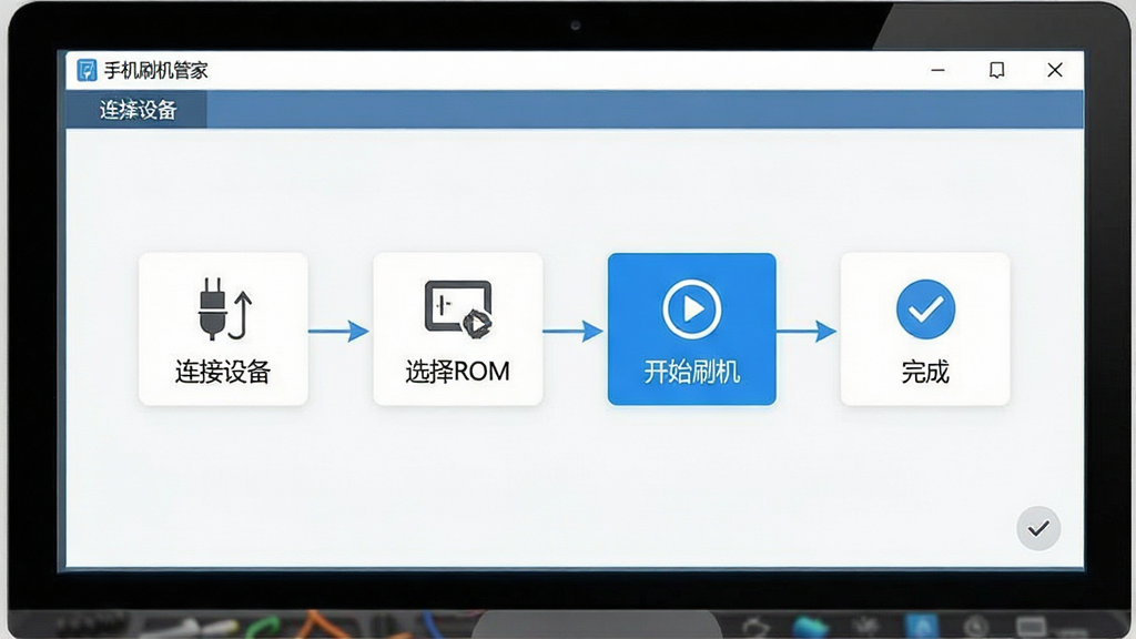一张展示手机刷机管家新手操作步骤的图片,主体是电脑屏幕上手机刷机管家的操作界面,界面中分步骤显示“连接设备”“选择ROM”“开始刷机”“完成”四个步骤,布局为横向流程图,排版清晰,风格为扁平化教程风,细节包括每一步都有图标和简短文字说明、当前步骤高亮显示,画质高清,干净,无多余元素