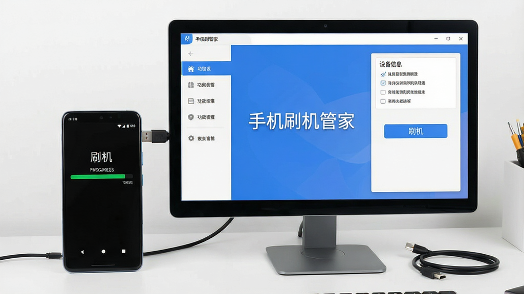 一张展示手机刷机管家软件界面的图片,主体是一台安卓手机通过USB连接电脑,电脑屏幕上显示手机刷机管家主界面,界面中央有“手机刷机管家”文字标识,布局左侧为功能导航栏,右侧为设备信息与刷机按钮,排版简洁清晰,风格为现代科技感UI设计,细节包括手机屏幕显示正在刷机进度条,电脑旁放着数据线,背景是整洁的桌面,画质高清,干净,无多余元素
