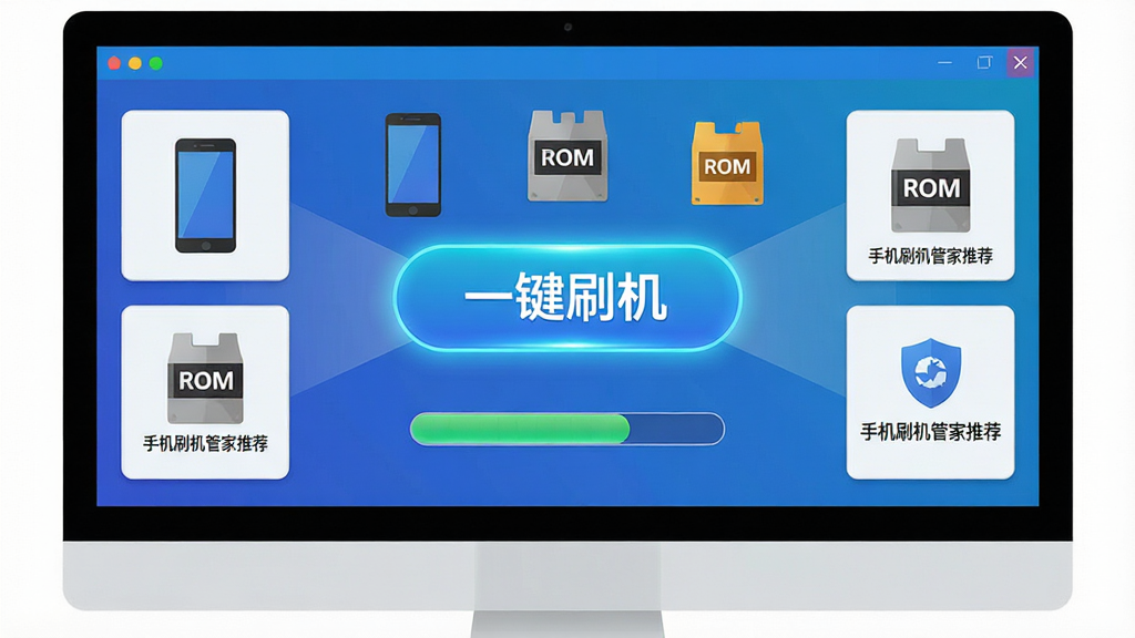 一张展示手机刷机管家一键刷机功能的图片,主体是电脑屏幕上的手机刷机管家界面,界面中有一个醒目的“一键刷机”按钮,按钮周围环绕着手机图标、ROM包图标和进度条,布局为中央大按钮加四周功能模块,排版对称,风格为扁平化科技风,细节包括按钮高亮发光、ROM包名称显示“手机刷机管家推荐”,画质高清,干净,无多余元素