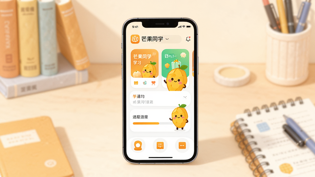 画面中央一部智能手机竖屏展示“芒果同学”应用主界面,界面包含学习卡片、进度条和卡通芒果吉祥物,背景是温馨的书桌场景,有书本和文具,布局整洁有序,风格为清新扁平化插画,细节包括柔和光影和圆润图标,画质高清,干净,无多余元素