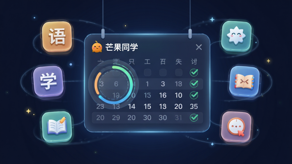 画面中心是一个悬浮的智能日历面板,面板上标注“芒果同学”学习计划,周围环绕语文、数学、英语等学科图标,布局为左右对称,风格为科技感轻插画,细节有发光进度环和勾选标记,画质清晰,干净,无多余元素