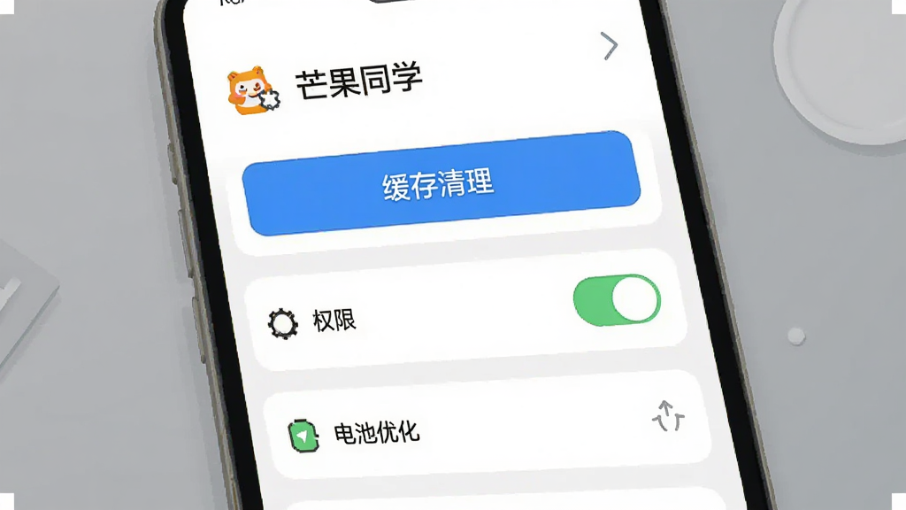 一部手机屏幕显示“芒果同学”设置页面,包含缓存清理按钮、权限开关和电池优化选项,背景是简洁的灰色桌面,布局为纵向列表,风格为极简UI插画,细节有蓝色高亮条和齿轮图标,画质高清,干净,无多余元素
