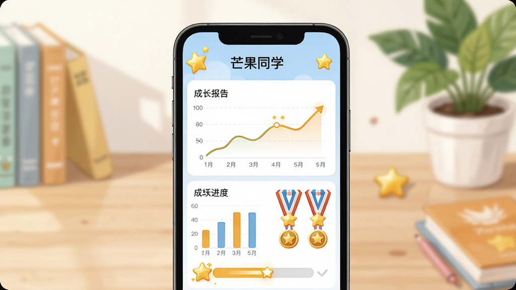 一部手机屏幕显示“芒果同学”成长报告页面,包含折线图、柱状图和勋章墙,背景是书桌与绿植,布局为上下结构,风格为清新数据可视化插画,细节有金色星星和进度条,画质高清,干净,无多余元素