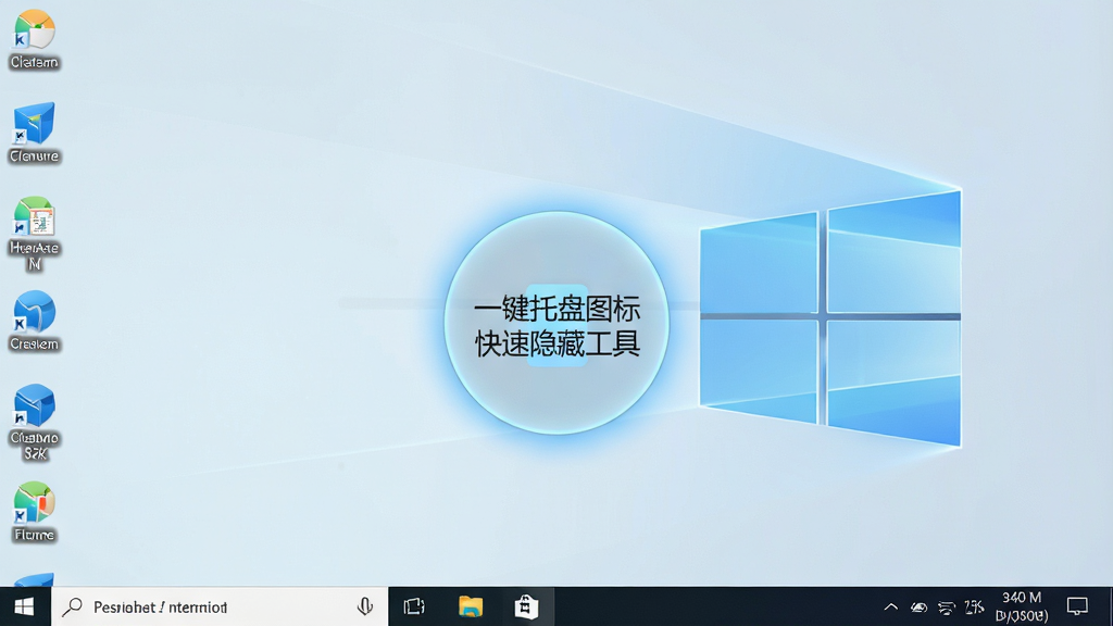 一张干净整洁的Windows电脑桌面截图,任务栏右下角系统托盘区域显示多个图标,画面中央有一个半透明的圆形按钮,上面写着“一键托盘图标快速隐藏工具”,按钮发出淡蓝色微光,整体布局为横向宽屏构图,风格为现代科技简约风,细节包括高清的任务栏图标、柔和的阴影、干净的背景,画质为4K超清,干净无多余元素