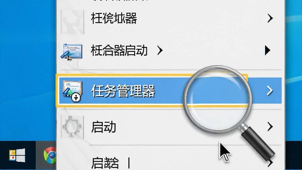 一张电脑屏幕截图,画面显示Windows任务栏右键菜单,菜单中高亮显示“任务管理器”选项,旁边有一个放大镜图标指向“启动”选项卡,布局为局部放大特写,风格为教程截图风,细节包括清晰的菜单文字、高亮边框、鼠标指针,画质为高清,干净无多余元素