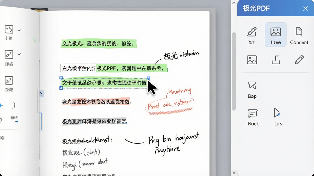 一张展示极光PDF编辑功能的图片,画面中央是一份打开的PDF文档,文档上有高亮标注和手写批注痕迹,右侧工具栏显示“极光PDF”编辑面板,包含文字编辑、图片插入、注释工具等图标,布局为左右分栏结构,风格现代办公,细节包含光标、选中文字高亮效果,画质清晰,干净,无多余元素