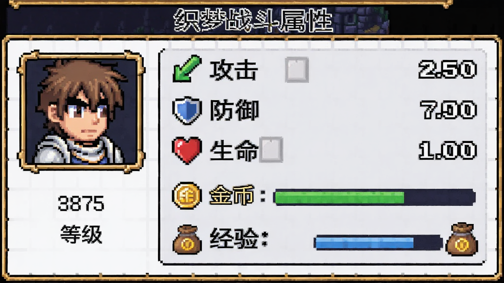 魔塔-织梦战斗属性界面截图,主体是像素风格的属性面板,布局为左侧显示角色头像与等级,右侧排列攻击、防御、生命、金币、经验等数值,排版整齐,风格为复古RPG界面,细节包括数值旁的图标、经验条、金币袋图案,画质清晰干净,无多余元素