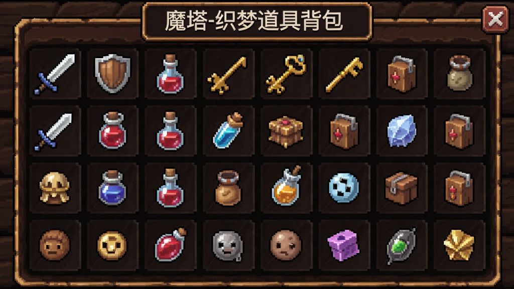 魔塔-织梦道具背包界面图,主体是像素风格的道具栏,布局为网格状排列的各种道具图标,排版整齐,风格为复古游戏菜单,细节包括宝剑、盾牌、药水、钥匙等图标的像素细节,背景为深色木纹,画质清晰干净,无多余元素