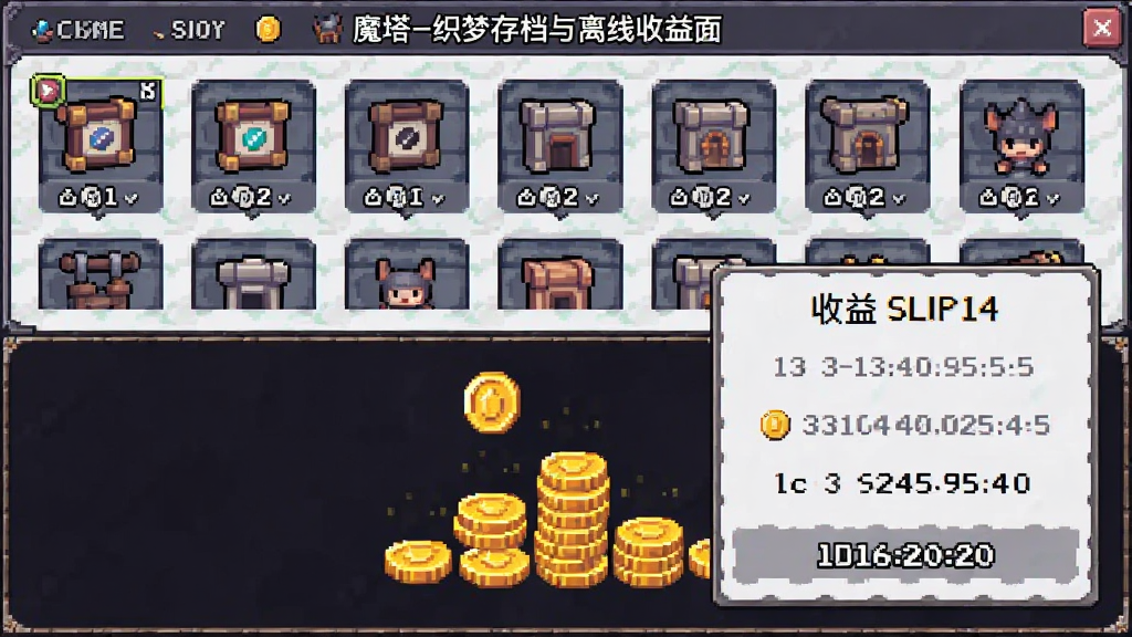 魔塔-织梦存档与离线收益界面图,主体是像素风格的存档槽位与收益结算弹窗,布局为上方显示存档列表,下方为收益金币动画,排版简洁,风格为复古游戏UI,细节包括存档图标、金币堆叠动画、时间戳文字,画质清晰干净,无多余元素