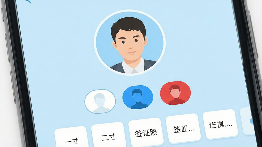 一张手机屏幕展示证件照管理软件主界面,界面中央是圆形头像预览区,下方排列着白底、蓝底、红底三种背景色切换按钮,再下方是一排证件照尺寸选项卡片,包括一寸、二寸、签证照等,整体采用简洁清新的浅蓝色调,扁平化设计风格,画面干净整洁,无多余元素,高清晰度,UI设计展示图
