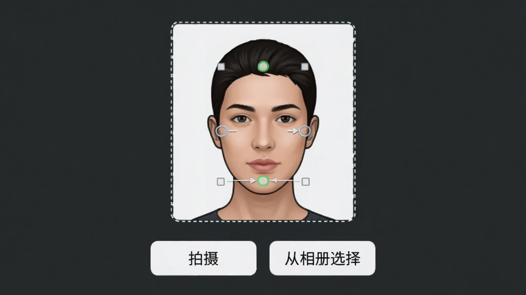 证件照管理软件在安卓手机上的拍摄引导界面,屏幕中央显示一个人像轮廓虚线框,框内有人物面部对齐提示,下方有